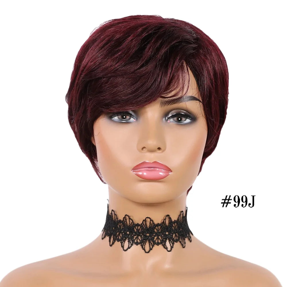 DQ Short Razor Cut Wavy Bob Pixie Wigs Non Lace Front Human Hair Wigs With Bangs For Women Full Machine Made Remy Brazilian