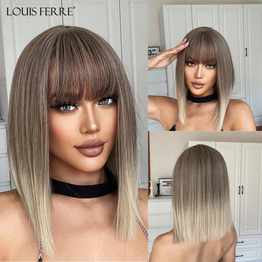 Short Straight Synthetic Wigs Black Mixed Ginger Orange Wigs for Women Natural Hair With Bangs Heat Resistant Daily Cosplay Wigs