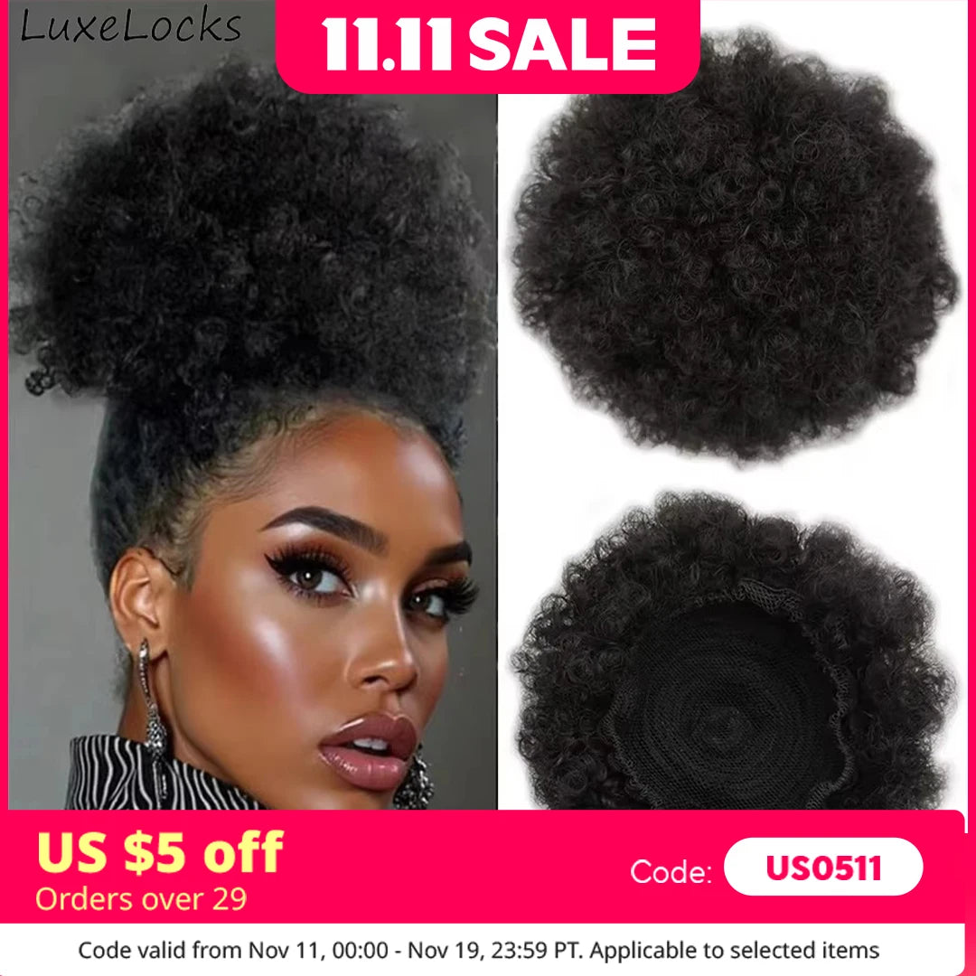 100% Human Hair Afro Puff Drawstring Ponytail Short Curly Afro Bun Hair Extension Natural Black 1B# Hairpiece with Two Clips
