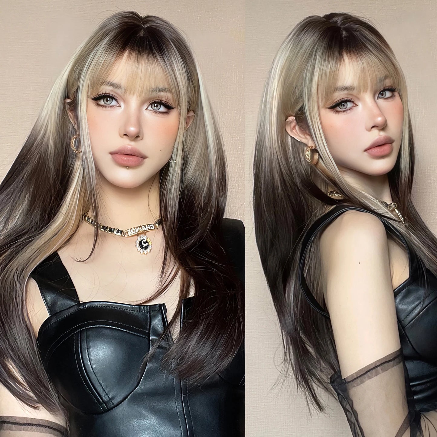 Long Brown Blonde Straight Synthetic Wig with Bangs Brown Ombre Cosplay Layered Wigs for Women Party Heat Resistant Natural Hair