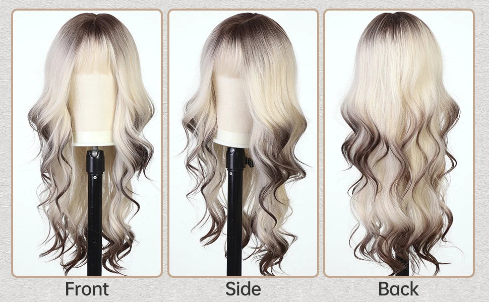 ALAN EATON Ombre Blonde Brown Wave Synthetic Wig Long Natural Looking Hair Wigs with Bangs for Women Daily Heat Resistant Fiber