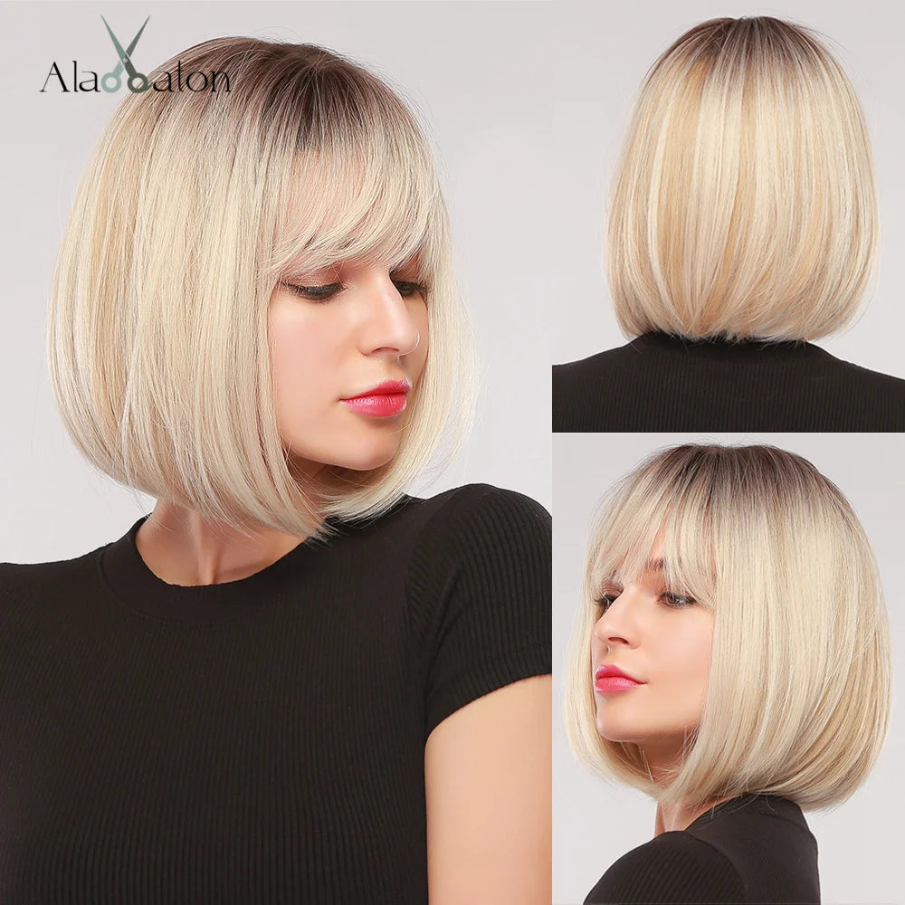 ALAN EATON Short Straight Ombre Brown Blonde Bob Wig With Bangs Synthetic Hair Wig for Women Cosplay Lolita Heat Resistant Fiber