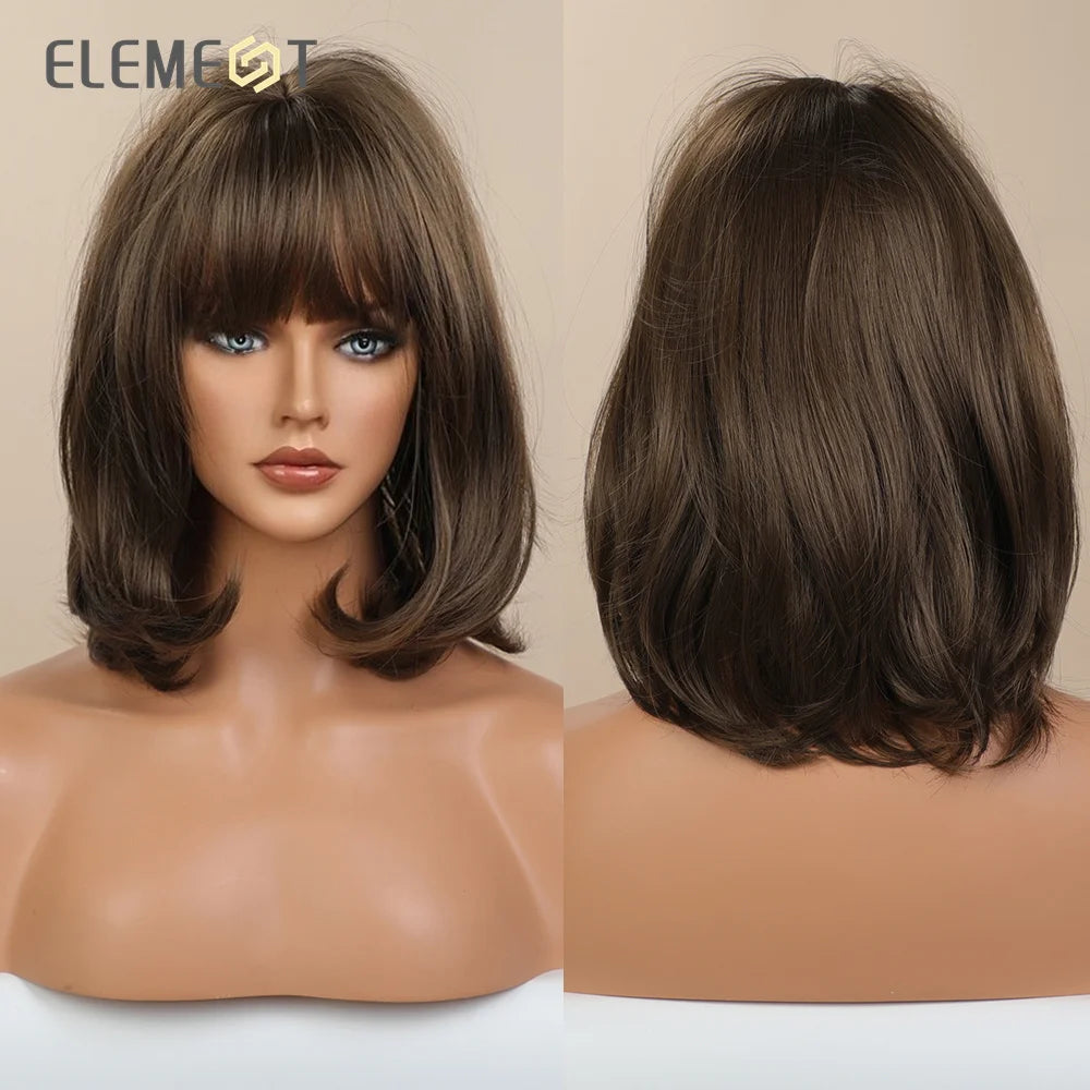 ELEMENT Synthetic Short Straight Wig Black Ombre Blonde Bob Wigs with Bangs for Women Cosplay Party Daily Hair Headband