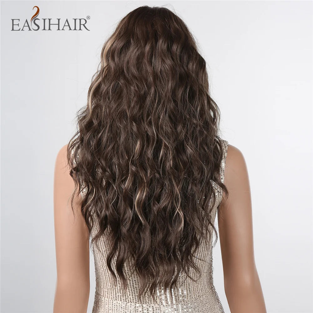 EASIHAIR Brown Black Kinky Curly Wave Synthetic Wigs with Bangs Deep Wave Long Hair Wigs for Women Daily Cosplay Heat Resistant