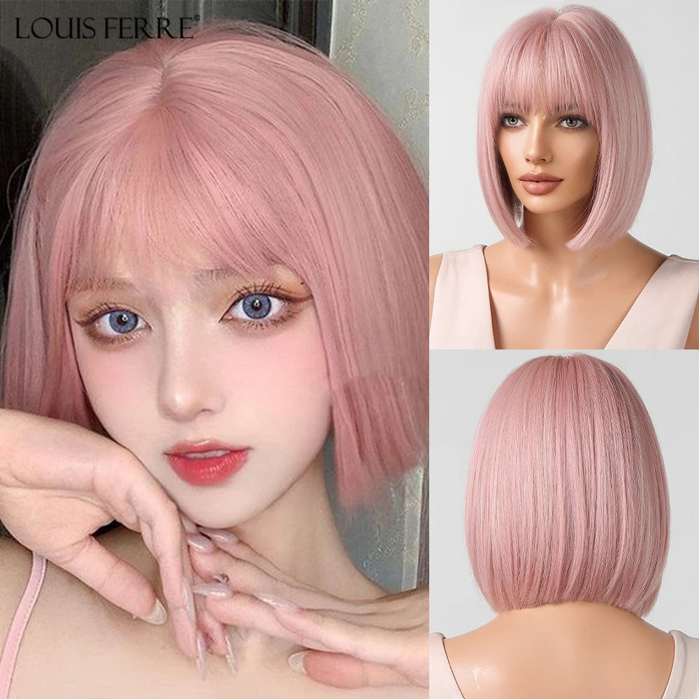 LOUIS FERRE Short Light Pink Bob Wigs With Bangs Natural Synthetic Wigs for Women Daily Cosplay Hair Heat Resistant Fibre Wig