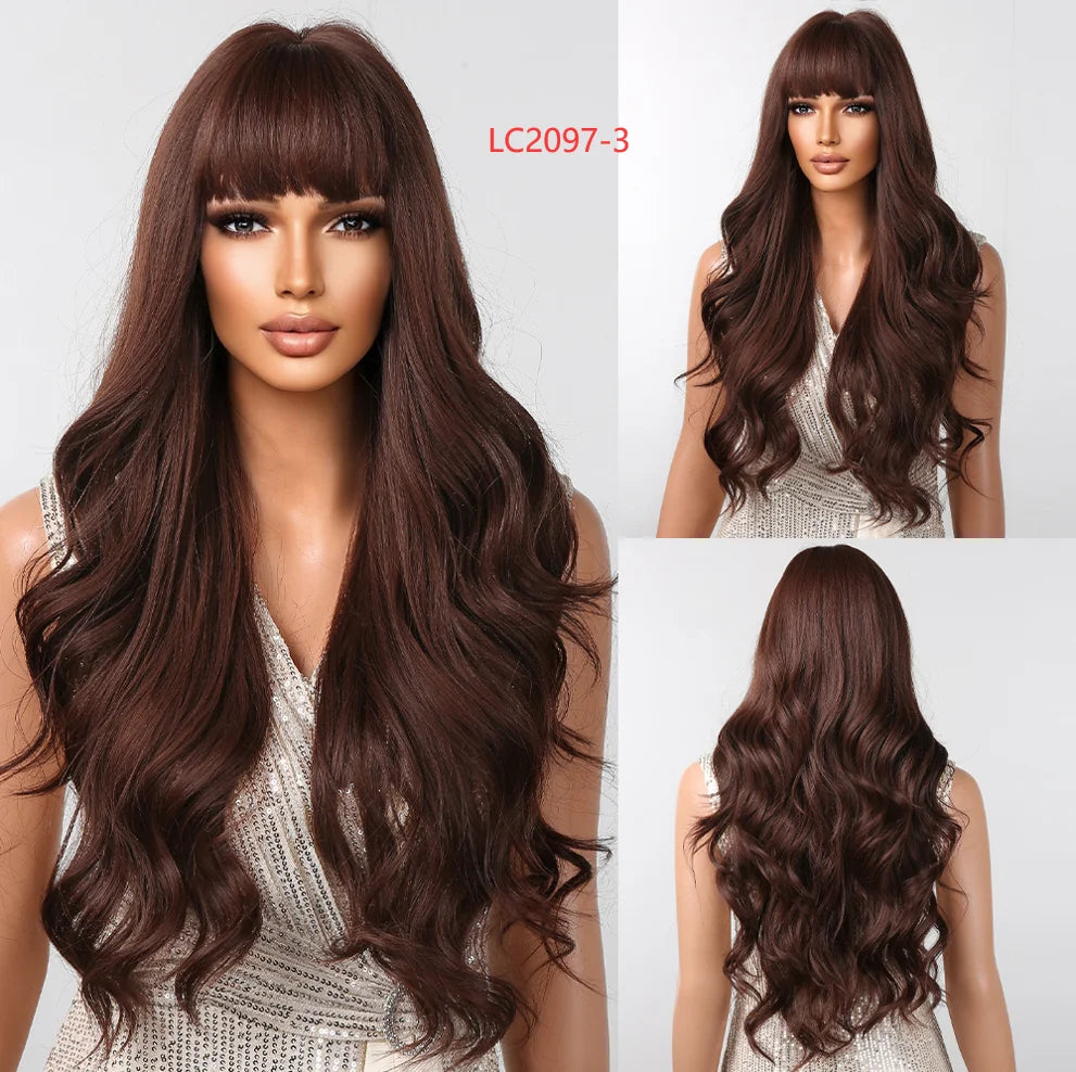 Long Wavy Gray Ash Brown Blonde Ombre Synthetic Wigs with Bangs Cosplay Natural Curly Hair Wig for Women Afro Heat Resistant