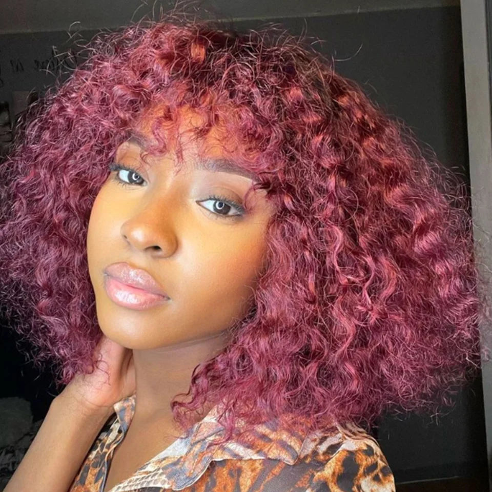 Jerry Curly Short Bob Human Hair Wigs With Bangs Wear To Go Glueless Wig Ombre 99J Water Wave Blonde Colored Wig For Women