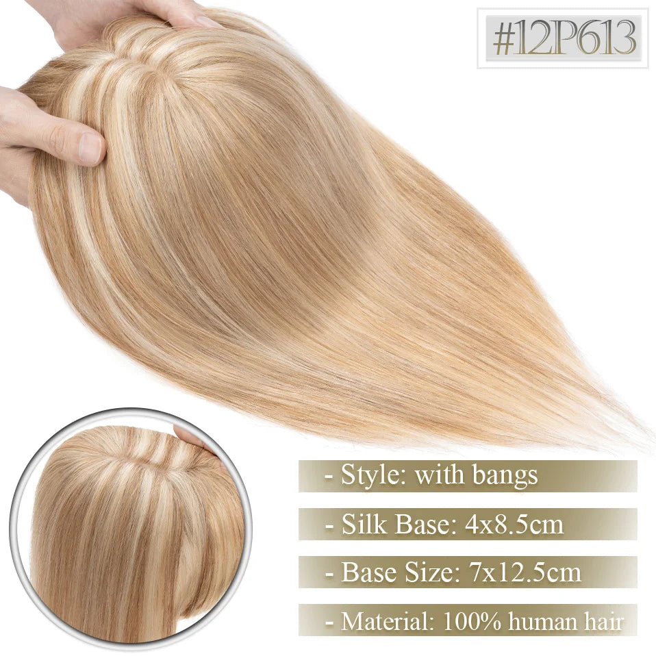 TESS Women Topper 7x12.5cm Hair Toppers With Bangs Natural Hair Wig Human Hair Silk Base Center Part Hair Clip In Hair Extension