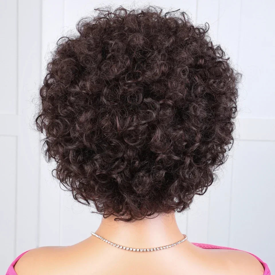 Brazilian Afro Puff Pixie Bob Wig 99J Natural Brown Full Machine Made Pre-Plucked Bangs 100% Human Hair For Black Women