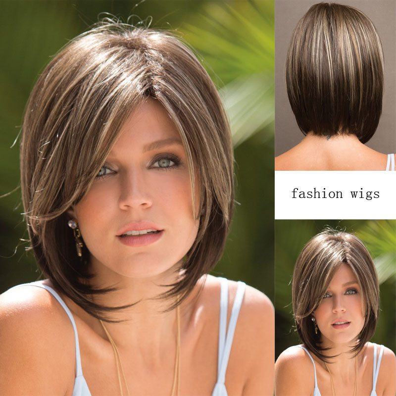 Women's Fashion Wig Natural Brown Short Bob Hair Wig with Side Bangs Daily Party Wigs for Women Female Heat Resistant Fake Hair