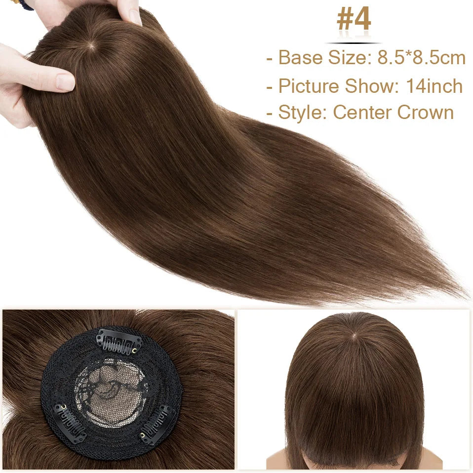 S-noilite 8.5x8.5cm Hair Topper Human Hair Cilp Center Crown Wig With Bangs Clip In Natural Hair Extension Hair Vortex Hairpiece