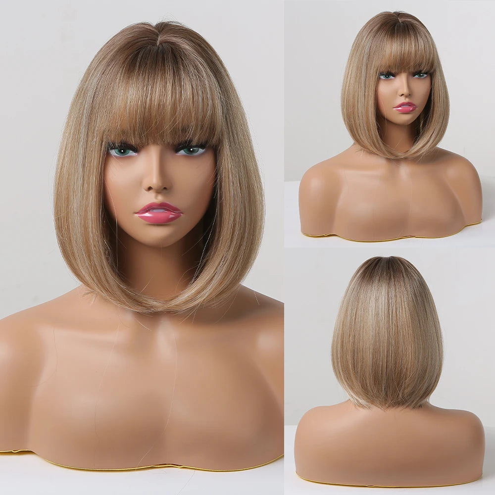 ALAN EATON Short Straight Ombre Brown Blonde Bob Wig With Bangs Synthetic Hair Wig for Women Cosplay Lolita Heat Resistant Fiber