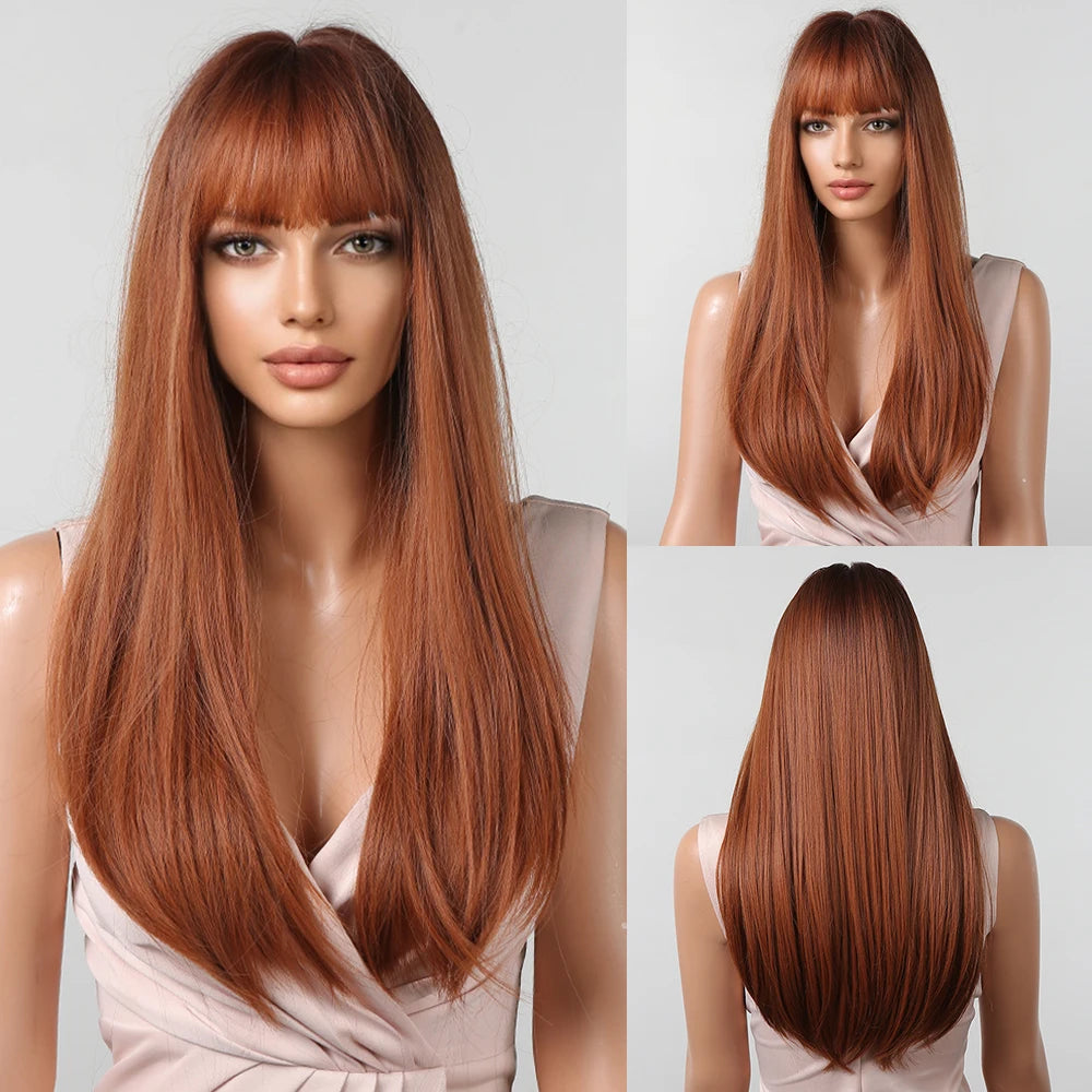 HENRY MARGU Long Straight Synthetic Wigs with Bangs Brown Red Copper Ginger Machine Made Wig for Women Cosplay Heat Resistant