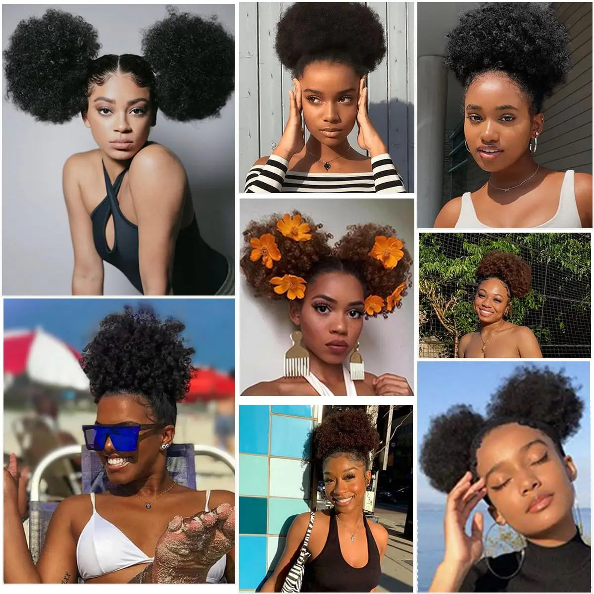 100% Human Hair Afro Puff Drawstring Ponytail Short Curly Afro Bun Hair Extension Natural Black 1B# Hairpiece with Two Clips