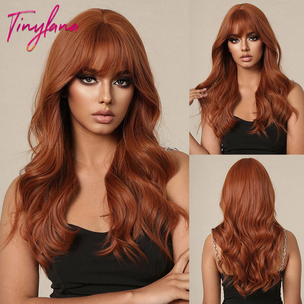 Blonde Ginger Yellow Lolita Cosplay Synthetic Wigs Long Curly Wavy Natural Hair with Bangs for Women Party Heat Resistant Wig