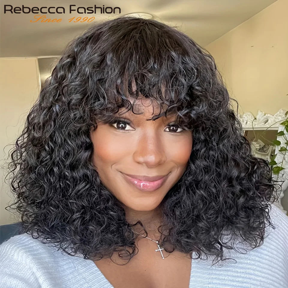 Jerry Curly Short Bob Human Hair Wigs With Bangs Wear To Go Glueless Wig Ombre 99J Water Wave Blonde Colored Wig For Women