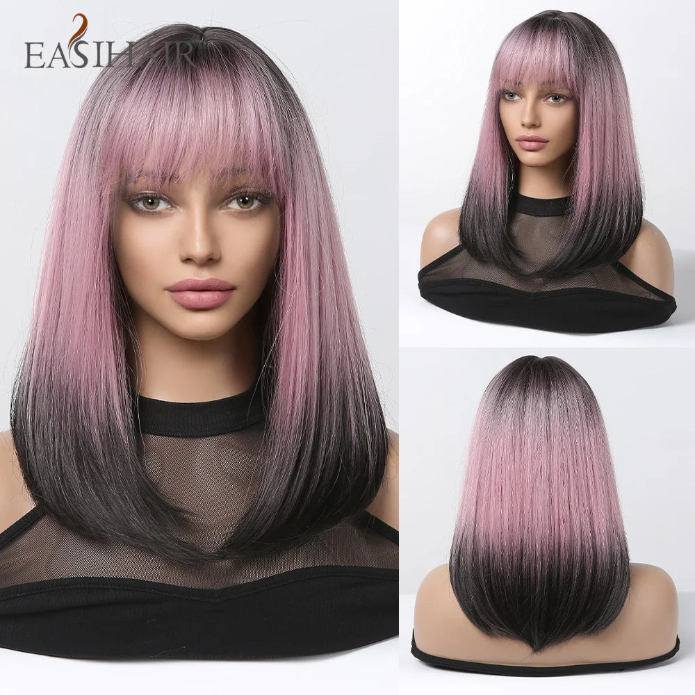 EASIHAIR Copper Ginger Synthetic Wigs with Bangs Medium Length Straight Hair Wig for Women Daily Cosplay Natural Heat Resistant