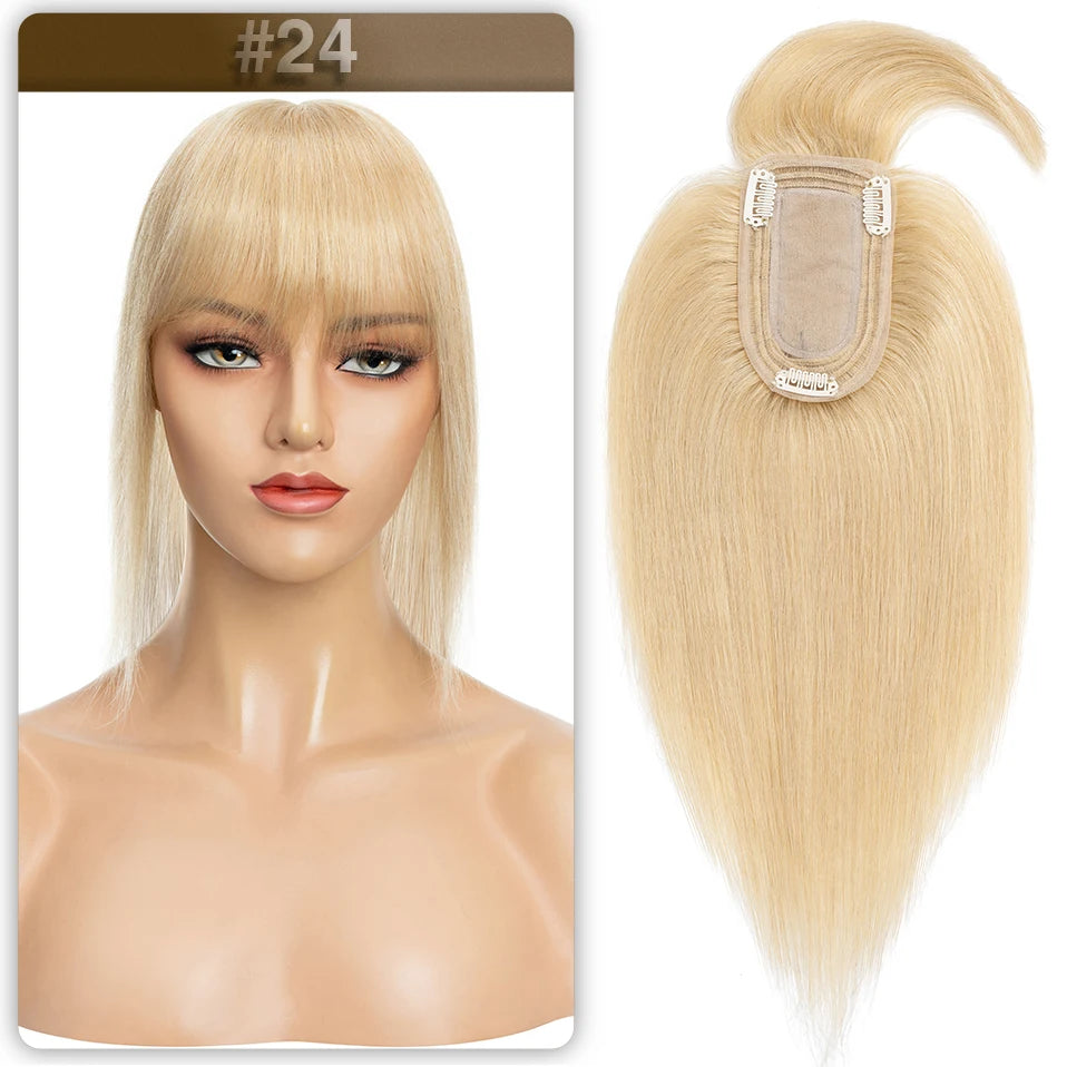 S-noilite Women Toppers Hair With Bangs Human Hair 7x13cm Silk Base Hair Cilp Wig Clip In Hair Extensions Hairpiece Natutal Hair