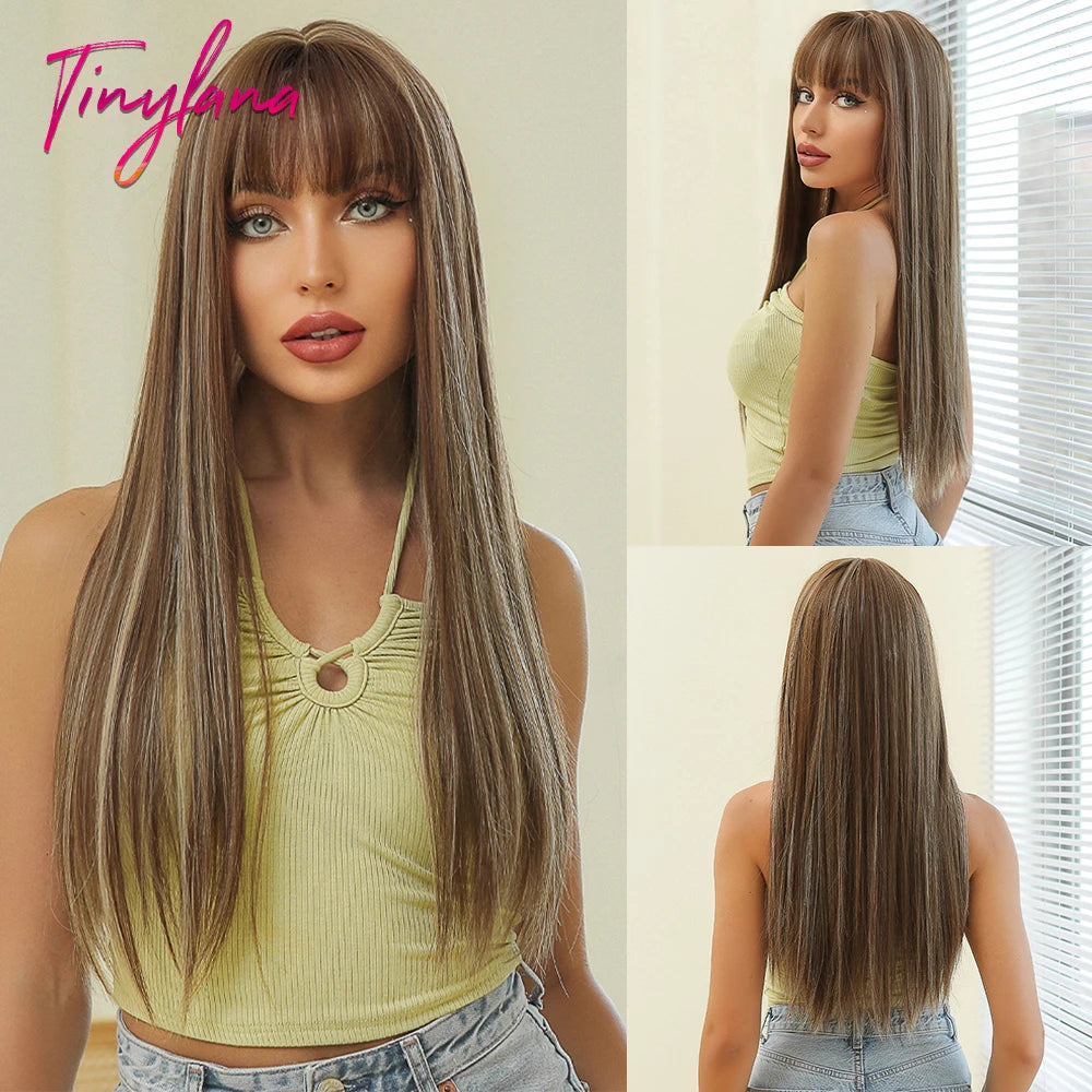Ombre Gray Brown Synthetic Wigs Long Straight Ash Cosplay Wig with Bangs for Women Afro Natural Party Daily Heat Resistant Hair
