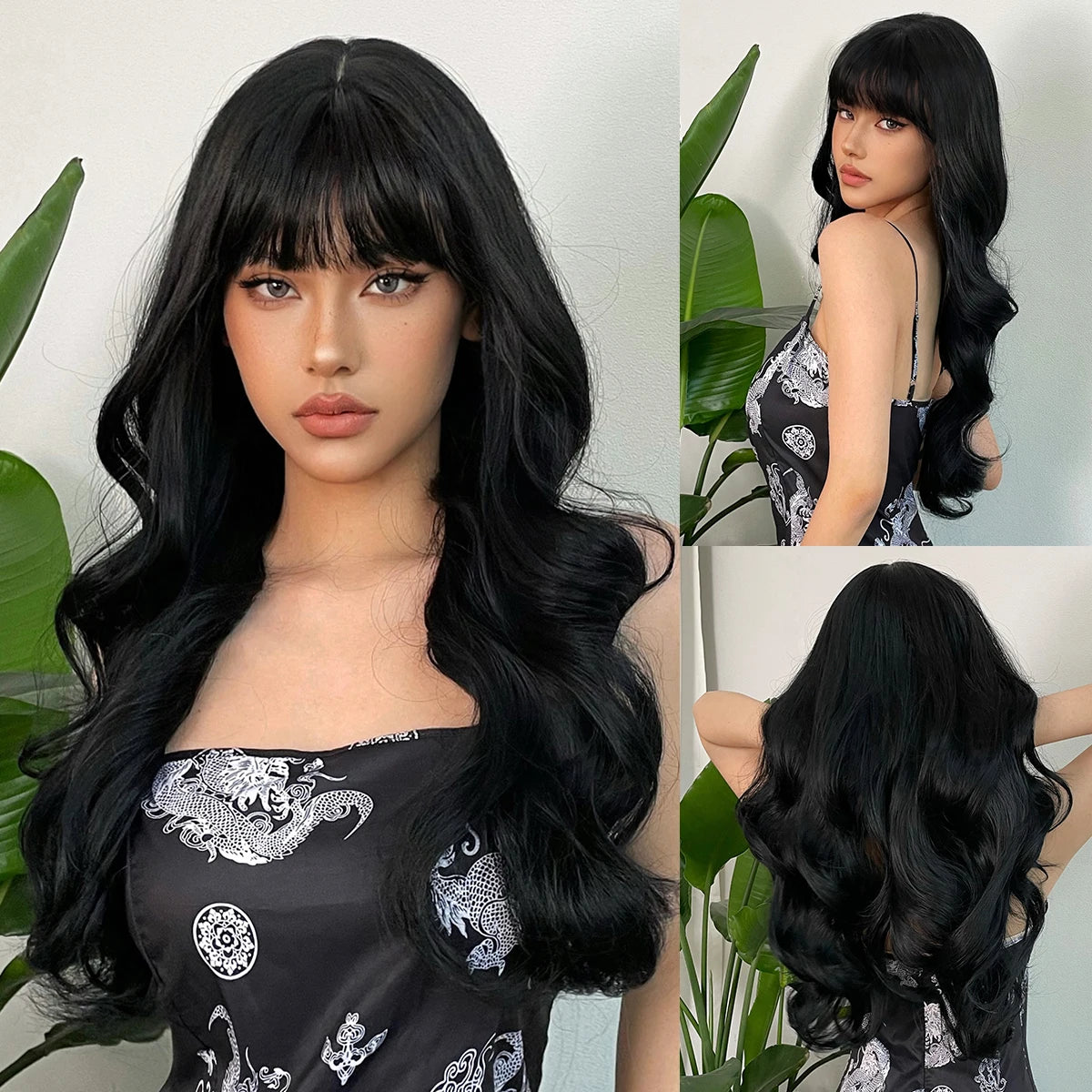 LOUIS FERRE Synthetic Black Green Ombre Long Wavy Curly Wig for Women Natural Hair With Bangs Cosplay Party Heat Resistant Wig