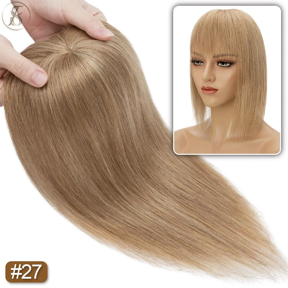 TESS Human Hair Toppers 8.5x8.5cm Women Topper 2cm Hair Vortex Natural Hair Wigs Center Crown Machine-made Hairpiece With Bangs