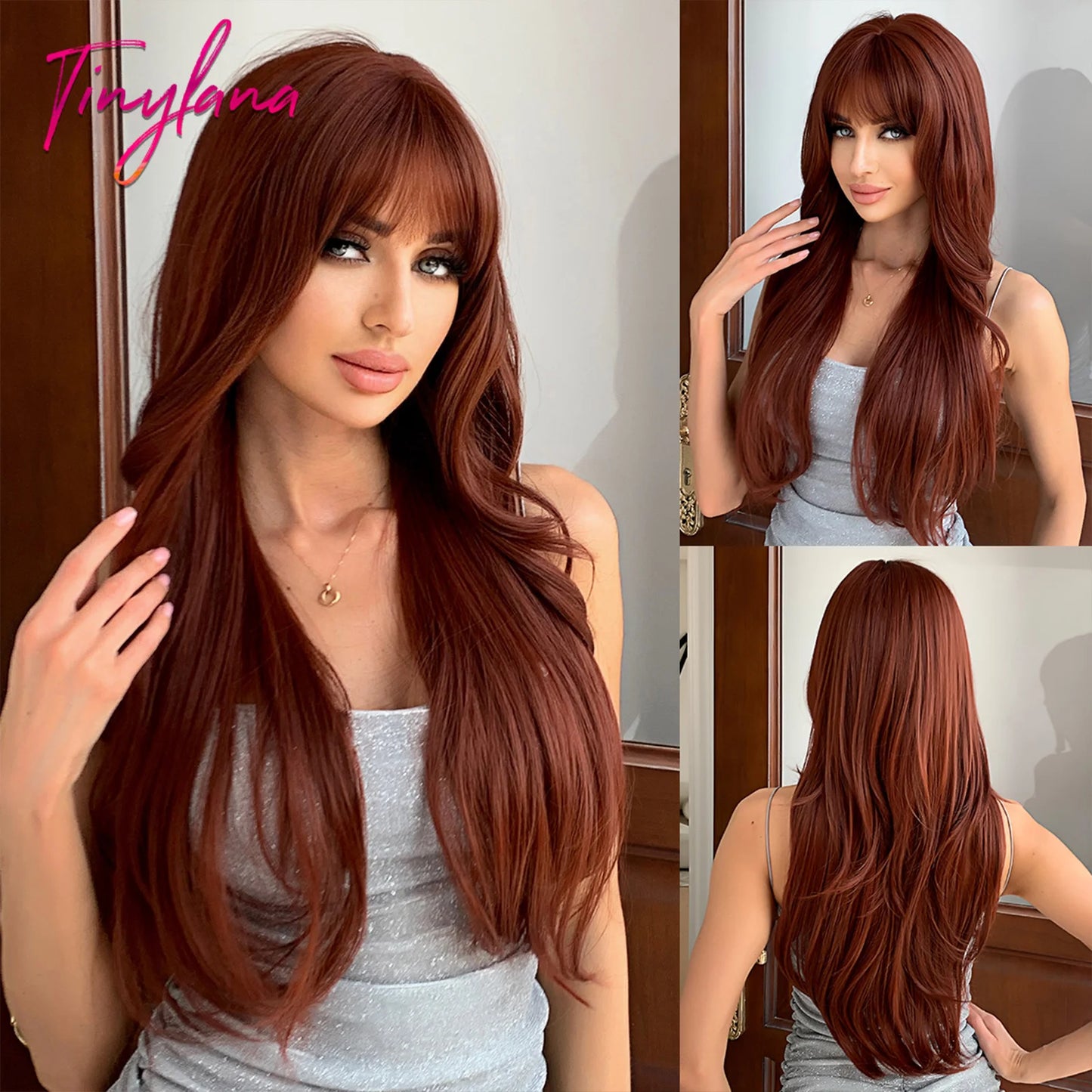 Ombre Gray Brown Synthetic Wigs Long Straight Ash Cosplay Wig with Bangs for Women Afro Natural Party Daily Heat Resistant Hair