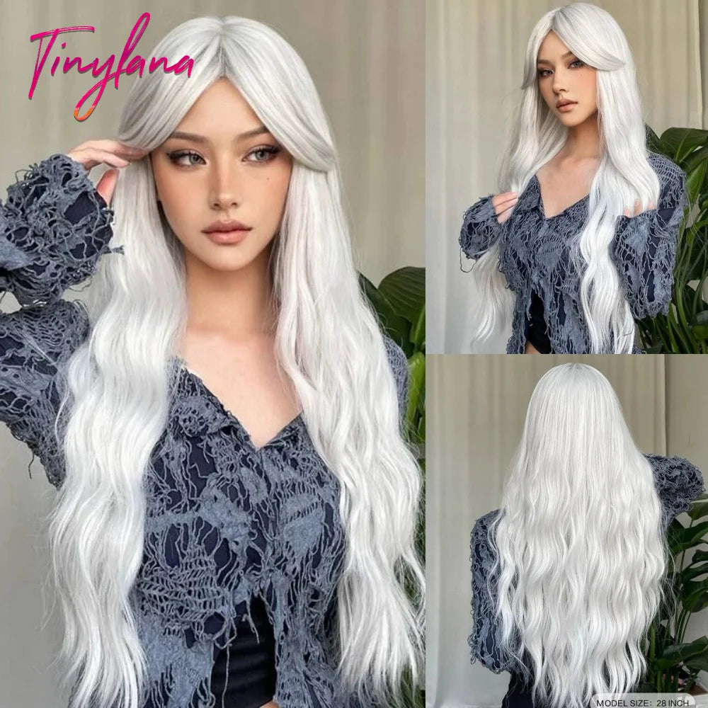 Long Curly White Platinum Synthetic Wigs with Bangs for Women Afro Cosplay Lolita Wavy Wig Natural Hair Heat Reisitant Daily Use