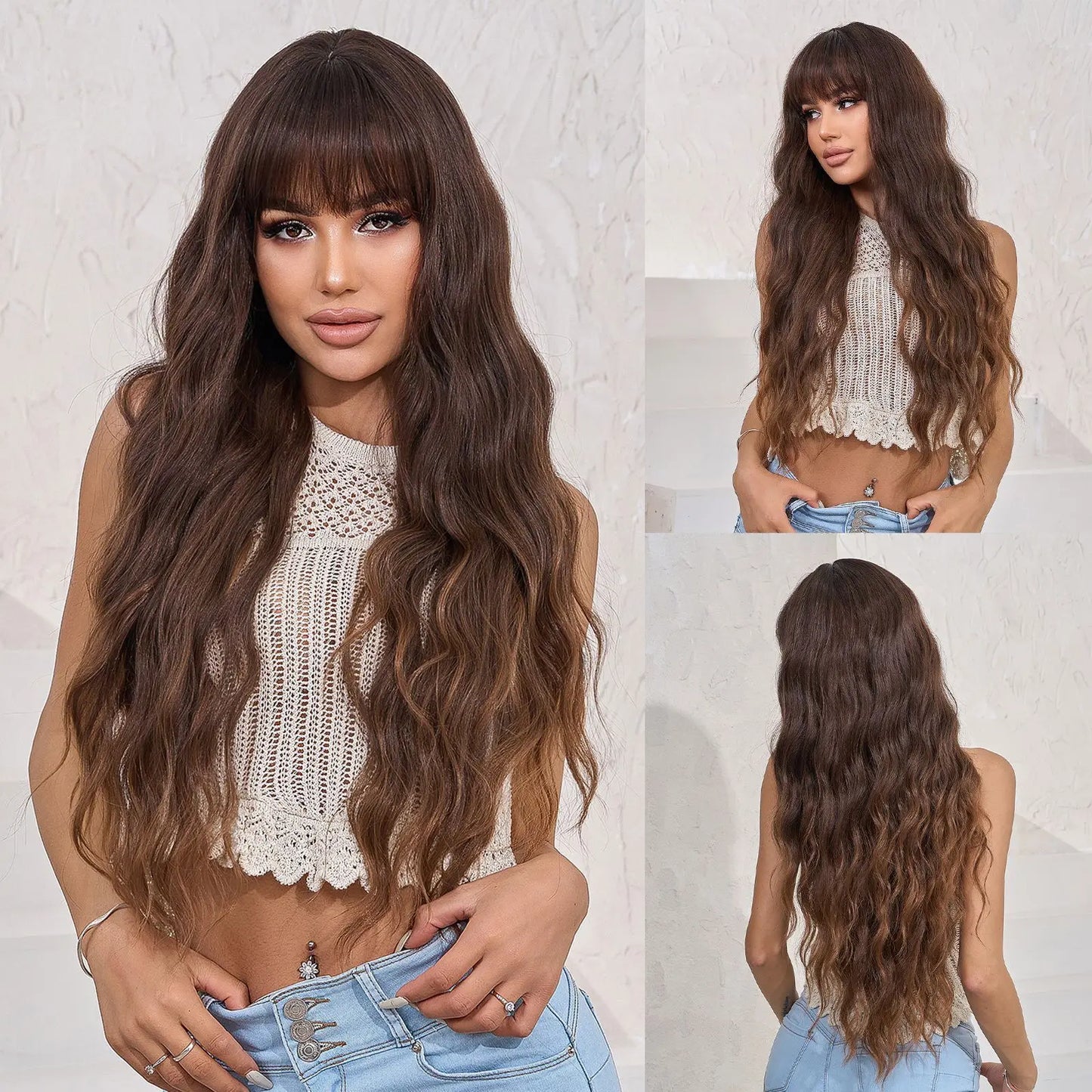LOUIS FERRE Dark Brown Long Wavy Natural Hair Women's Synthetic Wig With Bangs Long Water Wave Daily Cosplay Hair Heat Resistant