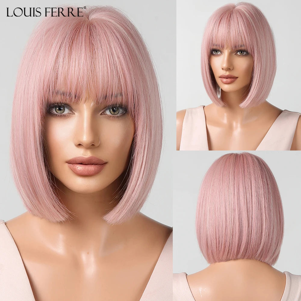 LOUIS FERRE Straight Pink Synthetic Wig for Women Short Bob Wig With Bangs Natural Hair Lolita Cosplay Heat Resistant Fashion