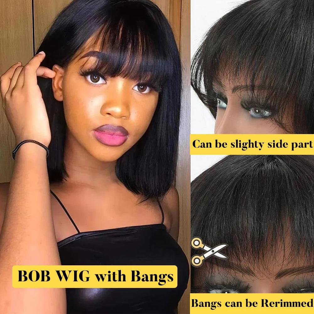 Pre Plucked Short Bob Human Hair Bone Straight Wig With Bangs 3x1 Lace Wig Glueless Brazilian Wig For Black Women Ready To Wear