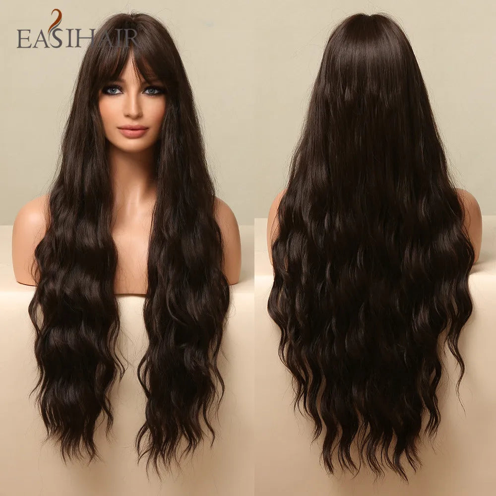 EASIHAIR Brown Black Kinky Curly Wave Synthetic Wigs with Bangs Deep Wave Long Hair Wigs for Women Daily Cosplay Heat Resistant