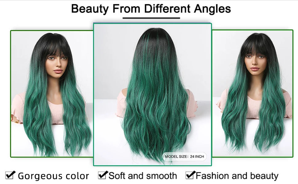 LOUIS FERRE Synthetic Black Green Ombre Long Wavy Curly Wig for Women Natural Hair With Bangs Cosplay Party Heat Resistant Wig