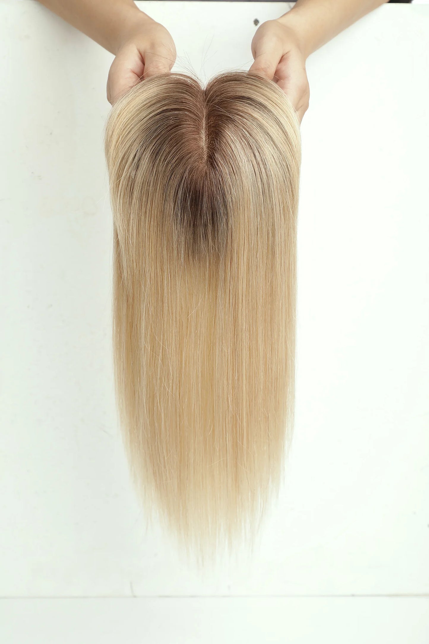 14 inch Hair Toppers for Women Brown Blonde Ombre Human Hair Toppers Silk Base Clips in Hair Extension Blonde Topper With Bangs