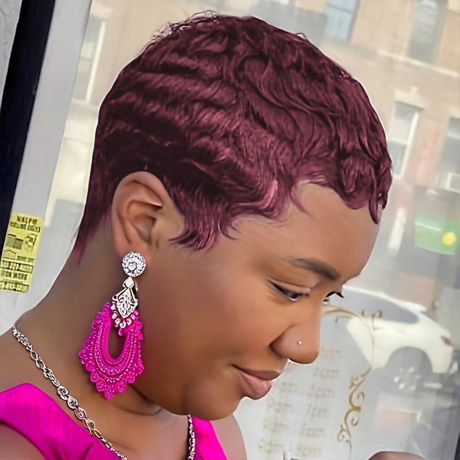 Short Pixie Cut Straight Human Hair Wig Machine Made with Pre-Styled Bangs Tangle-Free Natural Hairline for Women