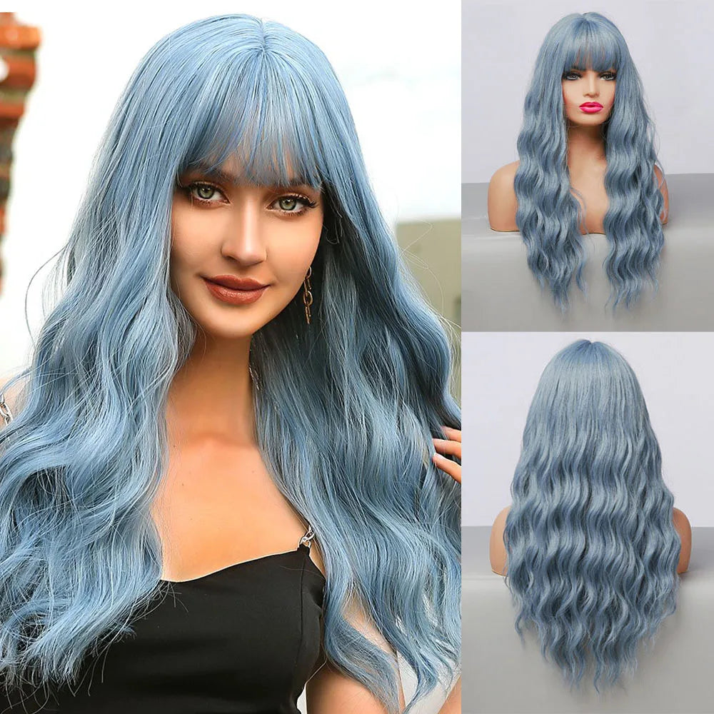 Pink Red Long Curly Wavy Synthetic Wigs Lolita Cosplay Hair With Bangs for Women Natural Water Wave Party Heat Resistant Wig