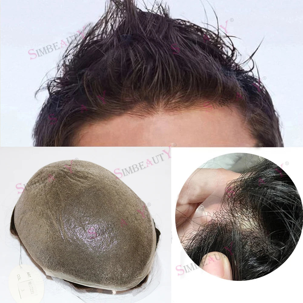 Dark Brown Men Toupee 80% Natural Hairline 0.02mm Invisible Super Thin Skin PU Black Grey Blonde Human Hair Hairpieces Prosthesi
