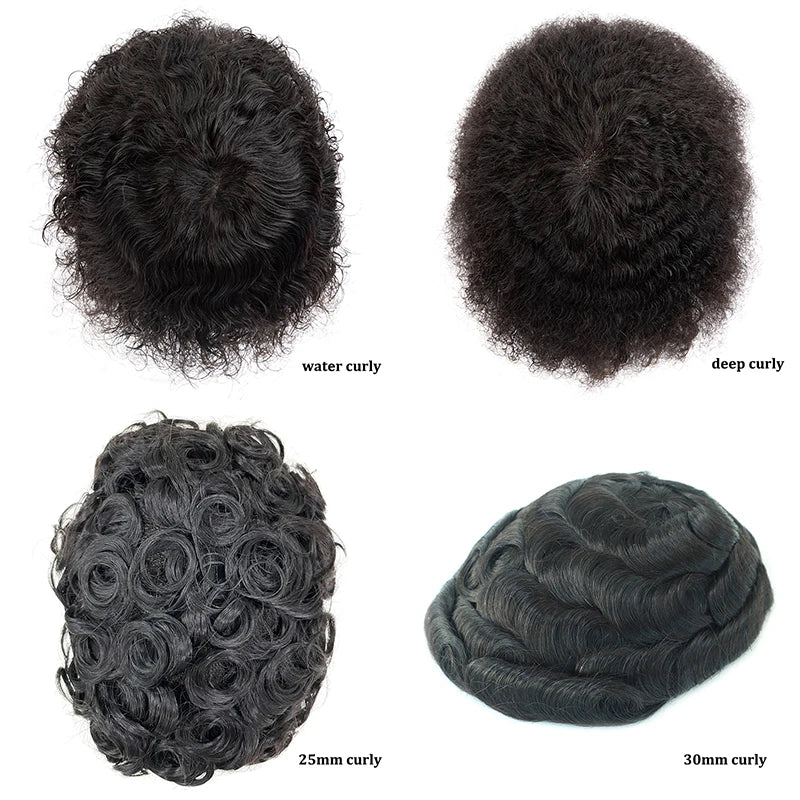 Curly Men's Wig Mono Npu Indian Human Hair Toupee For Men Durable Capillary Prosthesis Natural Black Wigs Man 6inch Hairpieces