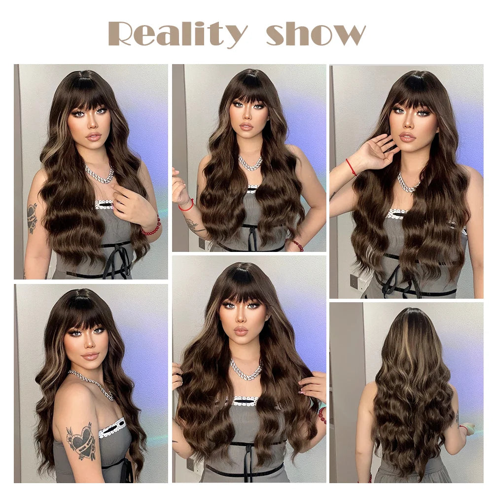 Dark Brown Synthetic Wigs with Bangs Long Curly Wavy Brown Wigs with Blonde Highlights for Afro Women Daily Party Heat Resistant