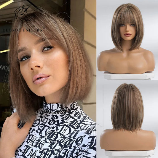 BLONDE UNICORN Synthetic Wig Natural Short Bob Wig Brown Blonde Straight Hair With Bangs Daily Use For Women Heat Resistant