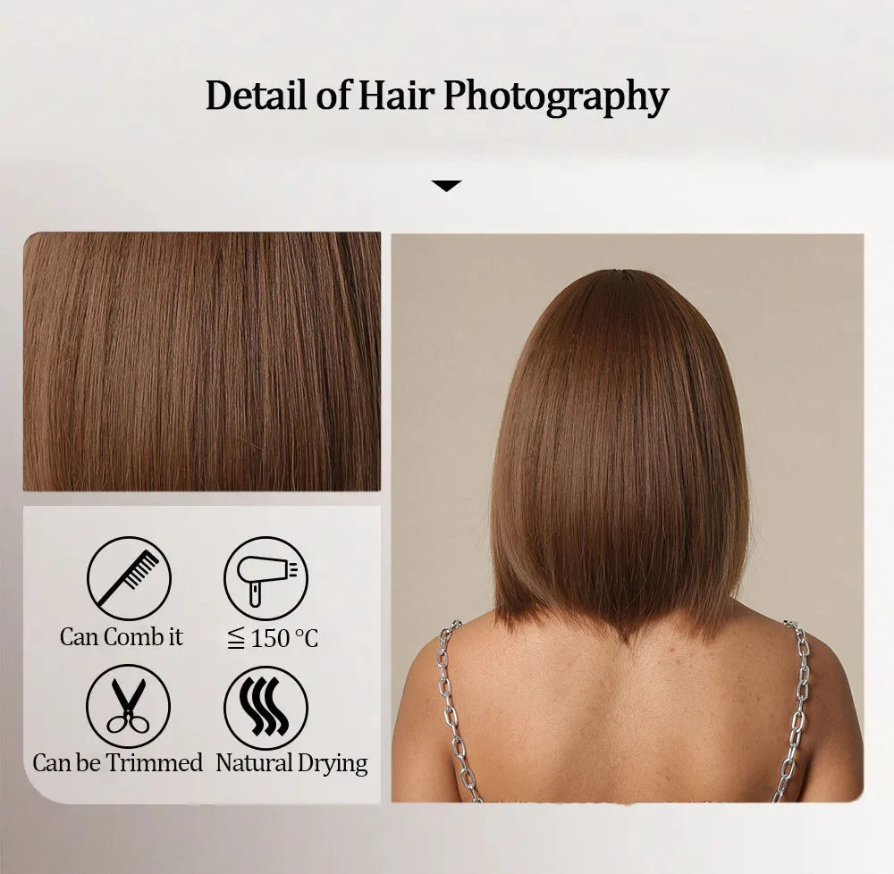 LOUIS FERRE Short Straight Synthetic Wigs for Women Brown Bob Wigs with Bangs Daily Cosplay Medium Length Heat Resistant Hair