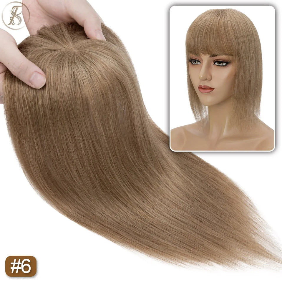 TESS Human Hair Toppers 8.5x8.5cm Women Topper 2cm Hair Vortex Natural Hair Wigs Center Crown Machine-made Hairpiece With Bangs