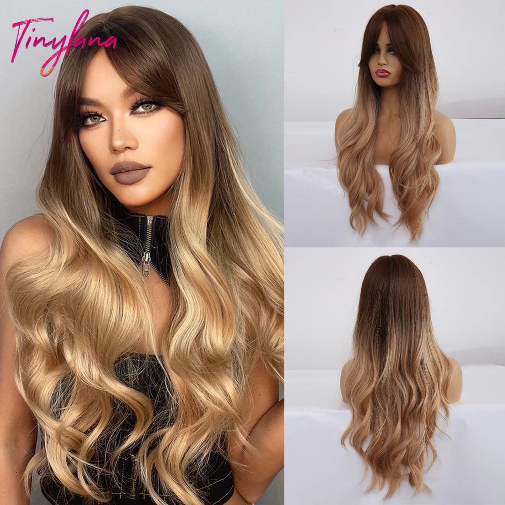 Long Wavy Gray Ash Brown Blonde Ombre Synthetic Wigs with Bangs Cosplay Natural Curly Hair Wig for Women Afro Heat Resistant