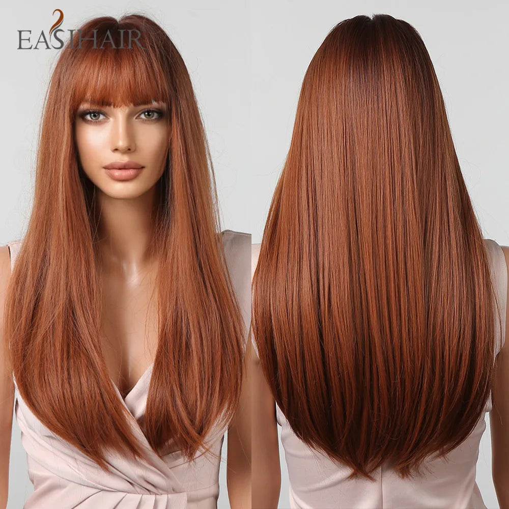 EASIHAIR Copper Ginger Synthetic Wigs with Bangs Medium Length Straight Hair Wig for Women Daily Cosplay Natural Heat Resistant