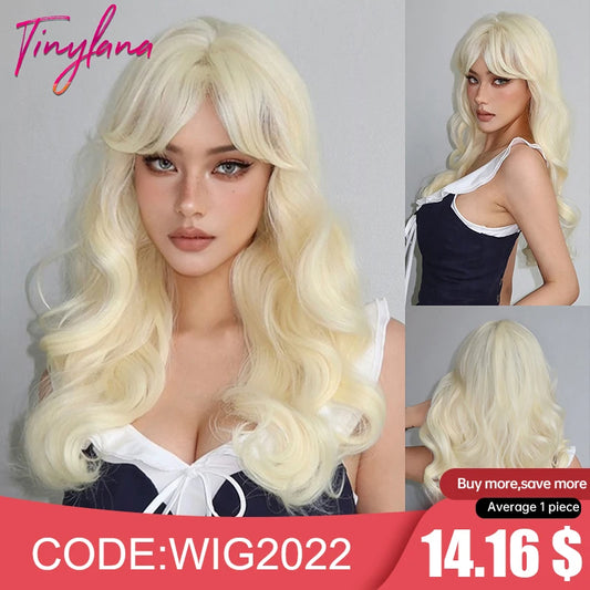 Blonde Ginger Yellow Lolita Cosplay Synthetic Wigs Long Curly Wavy Natural Hair with Bangs for Women Party Heat Resistant Wig