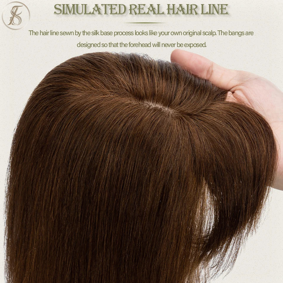 TESS Women Topper 7x12.5cm Hair Toppers With Bangs Natural Hair Wig Human Hair Silk Base Center Part Hair Clip In Hair Extension