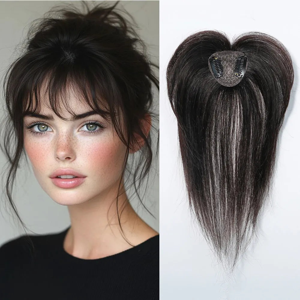 100% Remy Human Hair Toppers with Bangs Light Brown Hairpieces 3D Wispy Bangs for Women Thin Hair Real Human Hair Topper Clip In