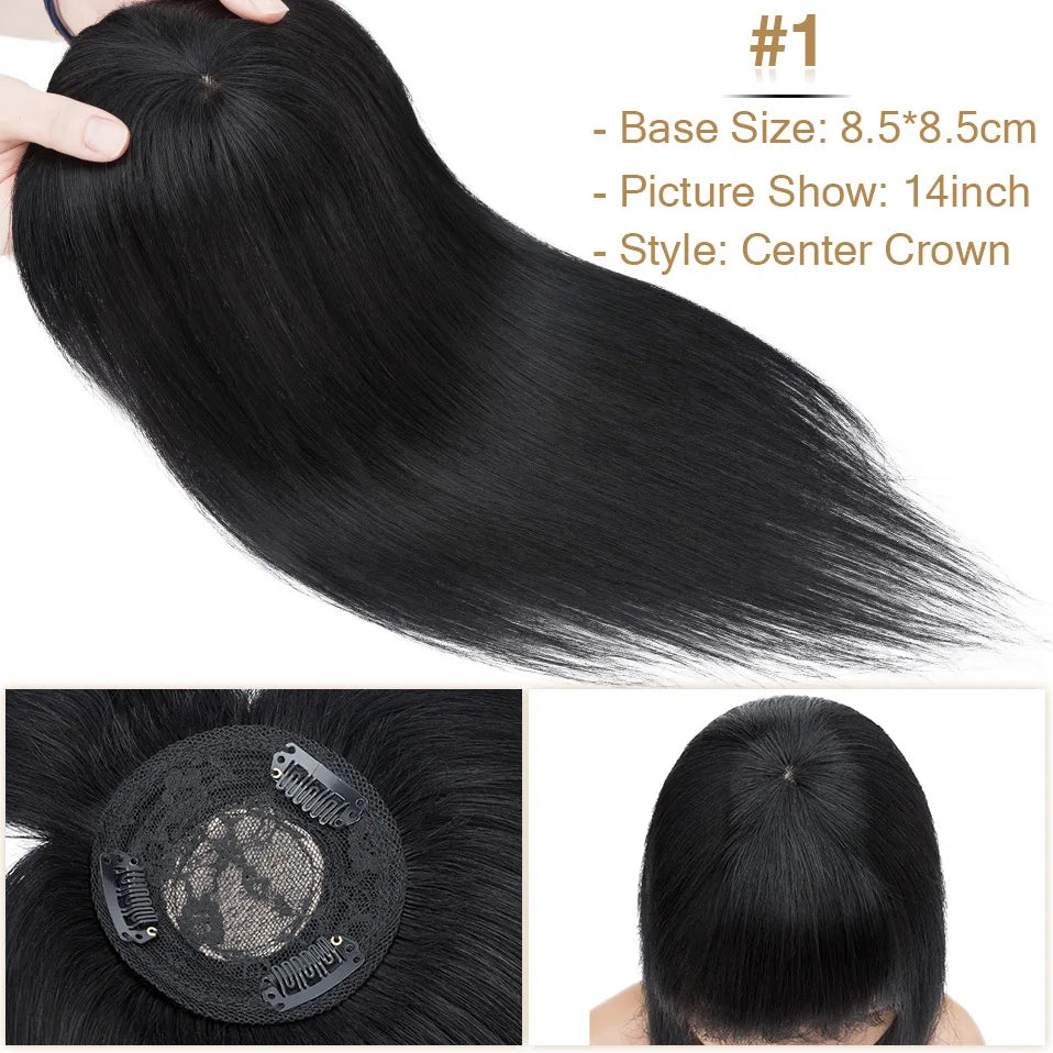 S-noilite 8.5x8.5cm Hair Topper Human Hair Cilp Center Crown Wig With Bangs Clip In Natural Hair Extension Hair Vortex Hairpiece