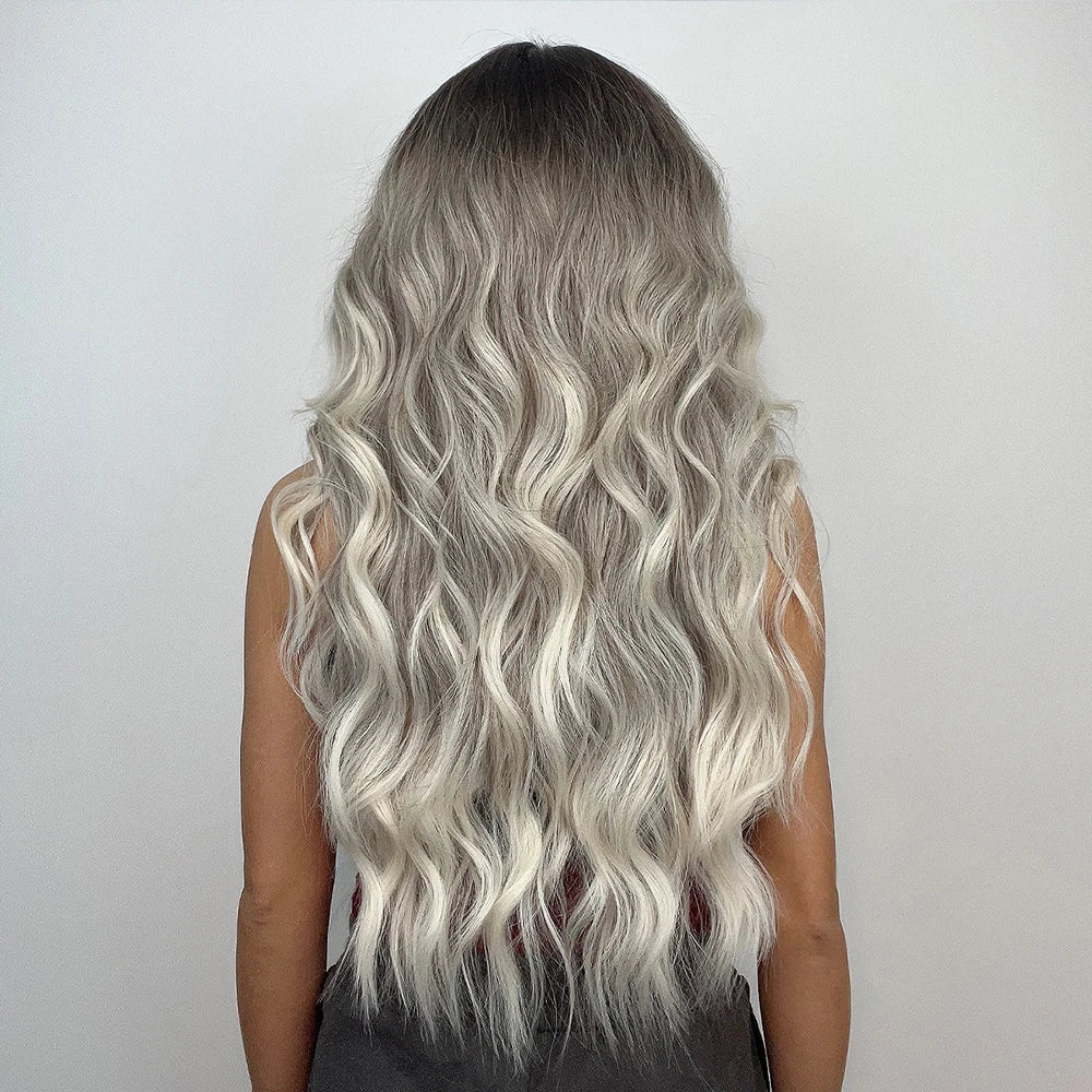 Long Wavy Gray Ash Brown Blonde Ombre Synthetic Wigs with Bangs Cosplay Natural Curly Hair Wig for Women Afro Heat Resistant