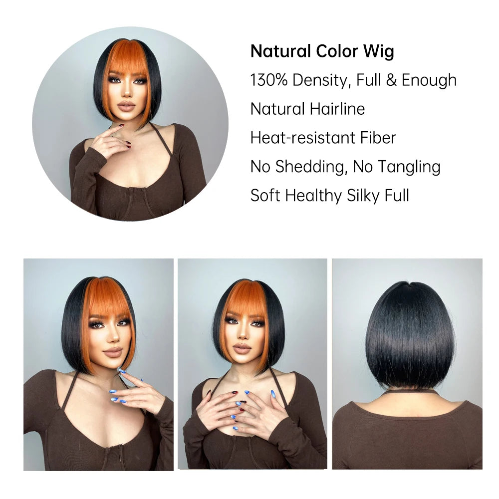 Short Straight Synthetic Wigs Black Mixed Ginger Orange Wigs for Women Natural Hair With Bangs Heat Resistant Daily Cosplay Wigs