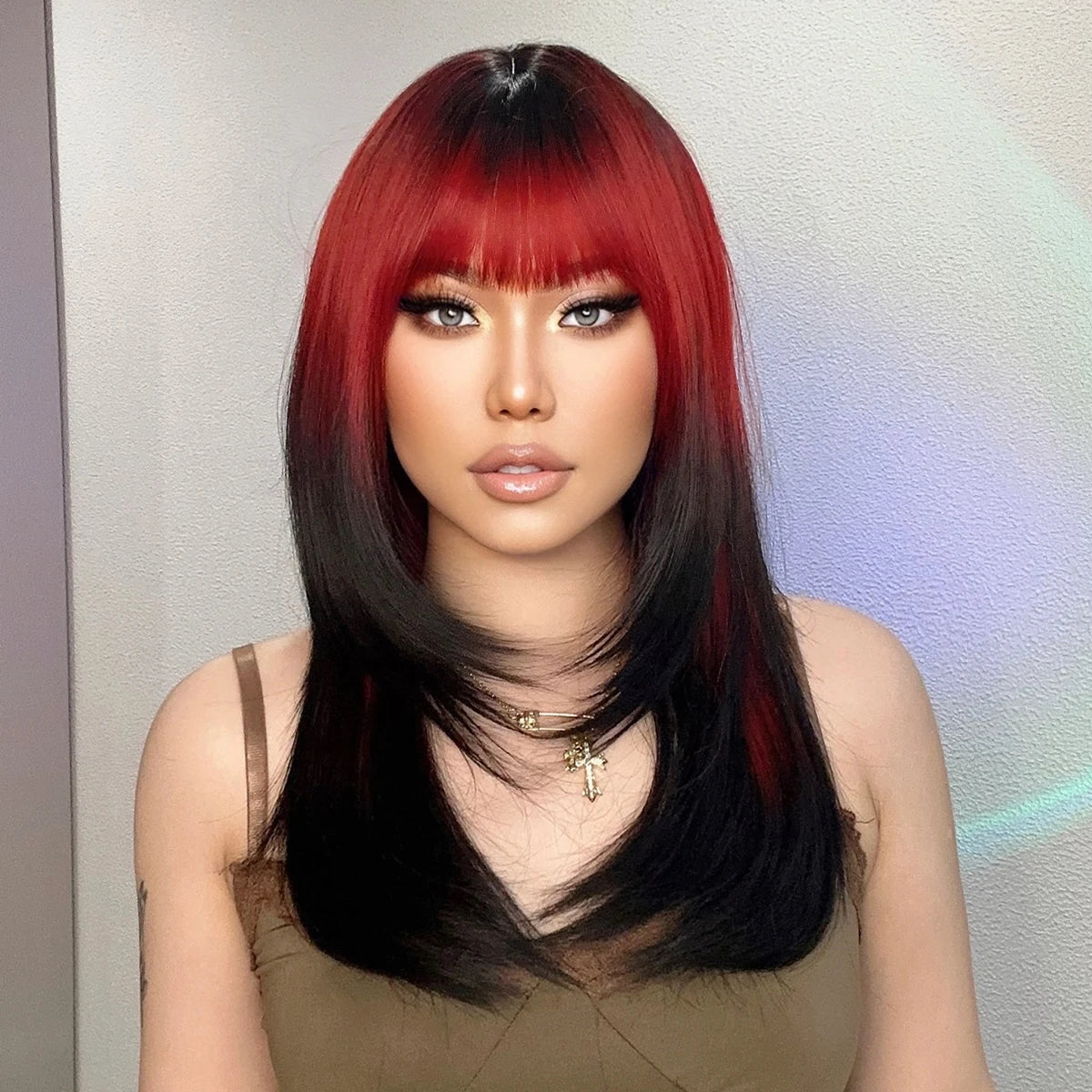 HENRY MARGU Ombre Red to Black Synthetic Wigs with Bangs Long Straight Layered Wig Colored Party Heat Resistant Hair for Women